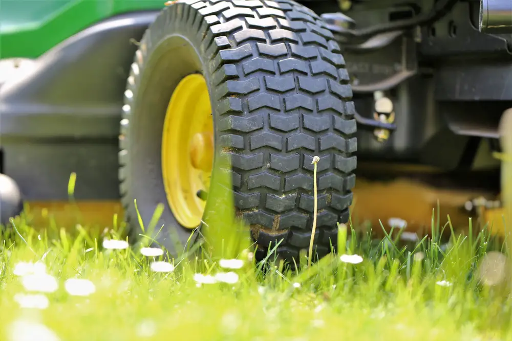 Closeup of a lawn mower tire in the grass.