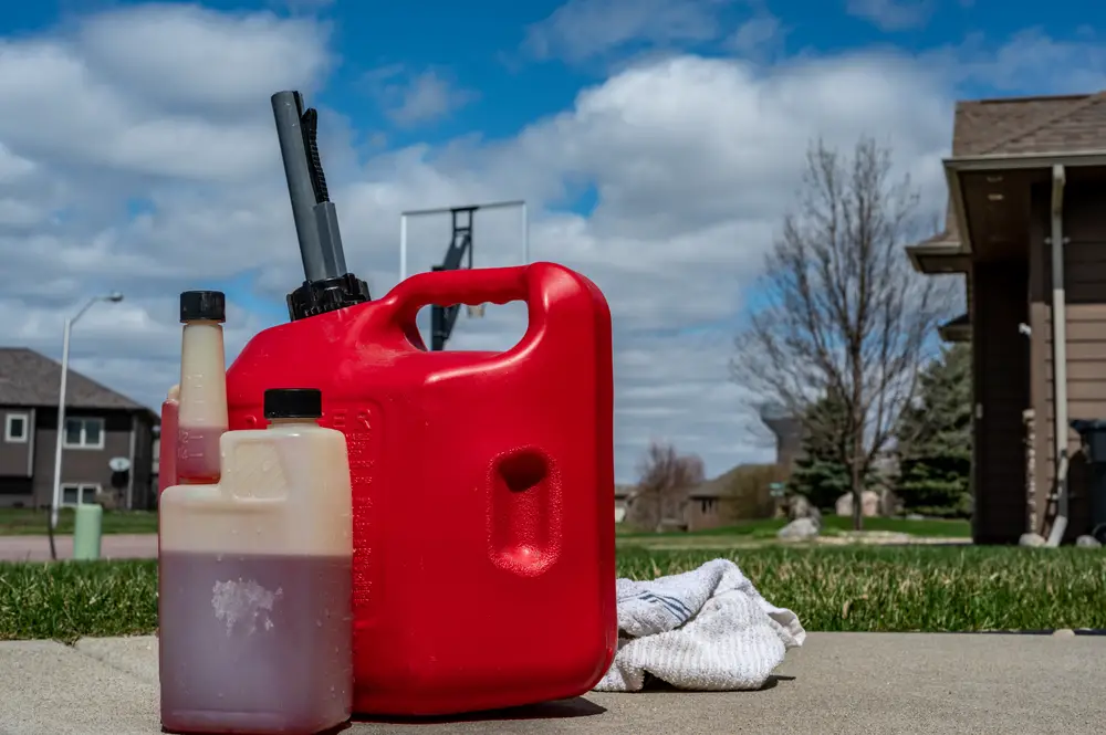 A fuel stabilizer sitting on a driveway next to a gas can.