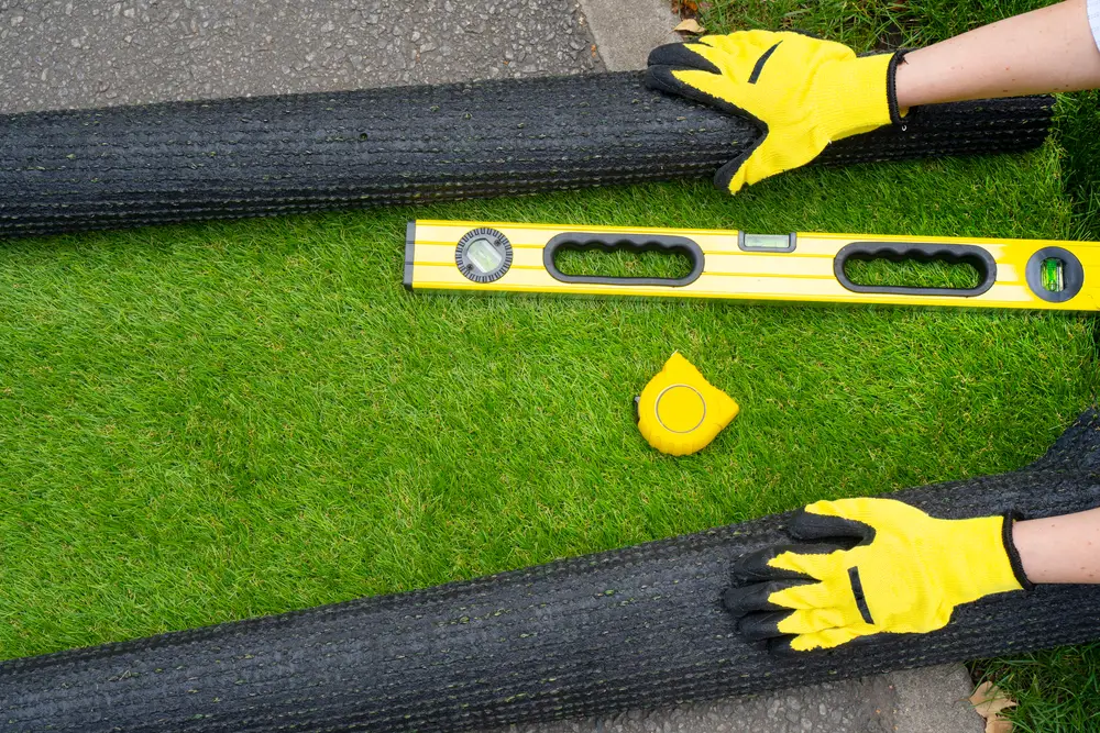 An overhead shot of a person's hands holding down some turf grass with some tools laying on the grass.