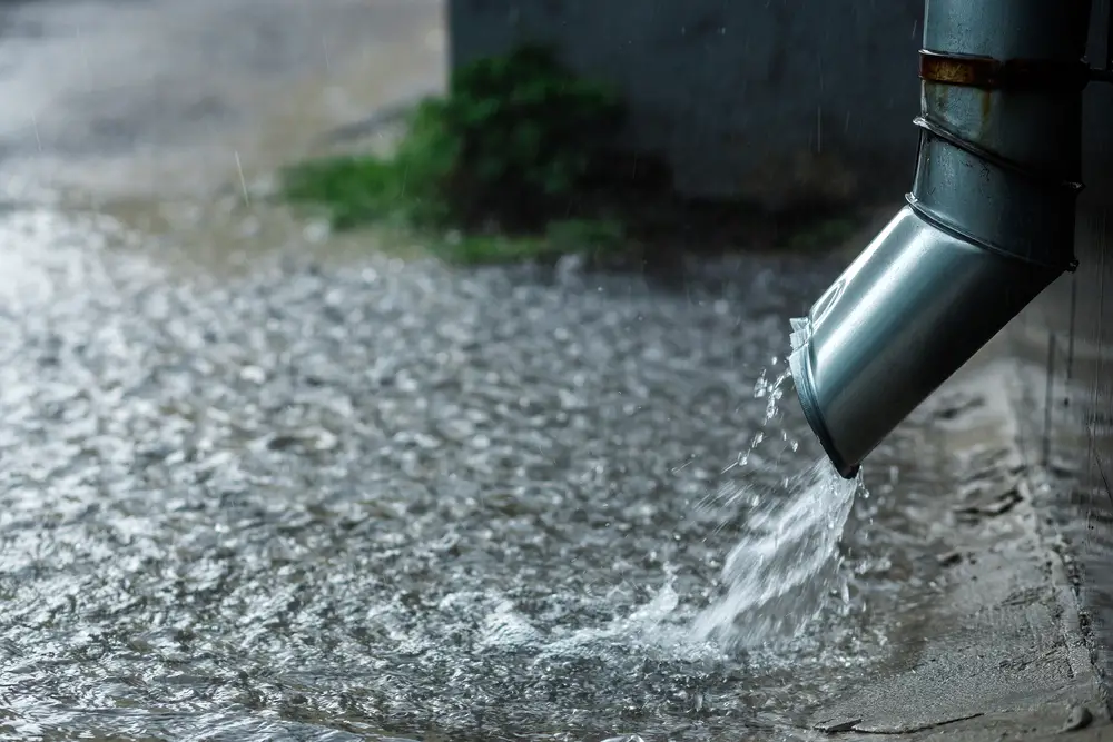 A picture of a downspout on a rainy day.