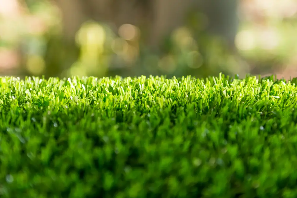 A closeup of artificial grass in sunlight and shadow.