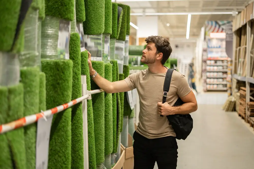 A male looking at rolls of artificial grass.