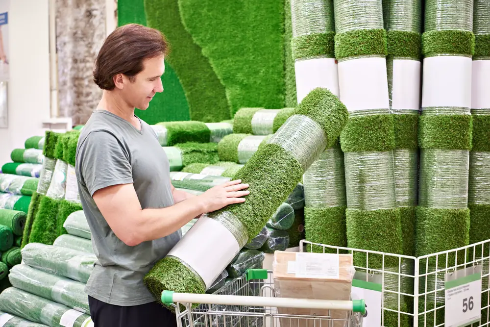 A man looking through rolls of artificial grass at a store.