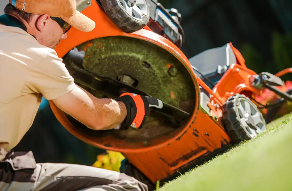 A man checking his lawn mower's blade and cutting deck.