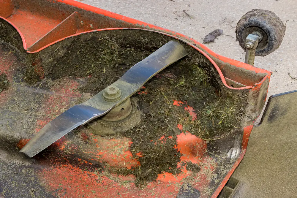 Closeup of a dirty lawn mower deck, including a damaged lawn mower blade.