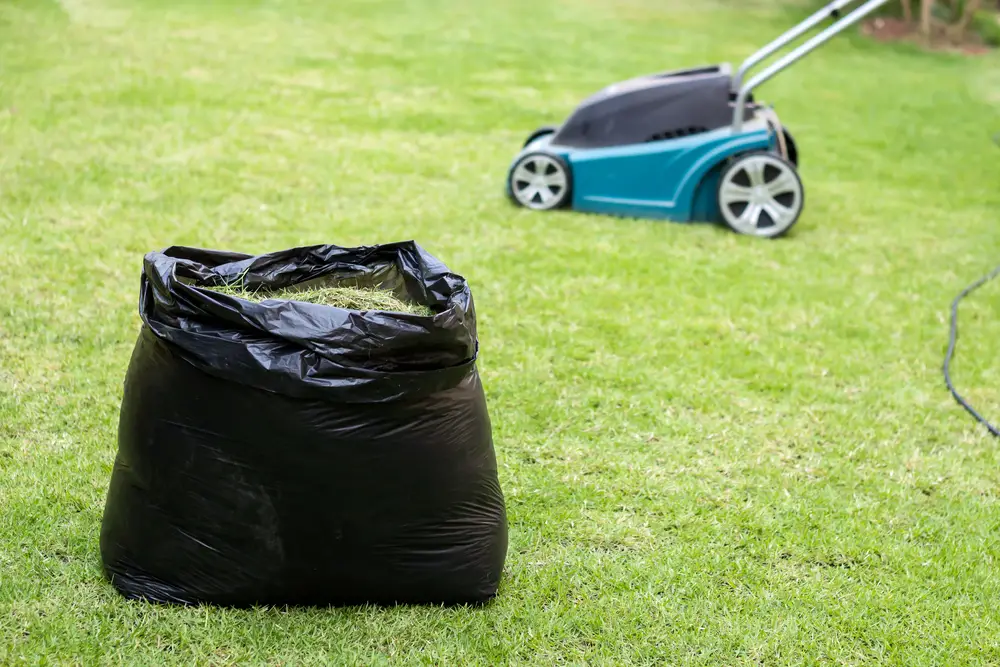 A trash bag of grass clippings in front of a lawn mower.