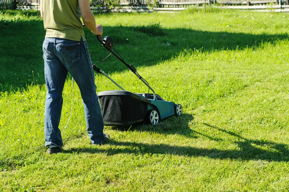 A man mowing his lawn.